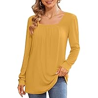 BISHUIGE Womens Casual Fall Top Square Neck Loose Tunic Pleated Sweatshirt