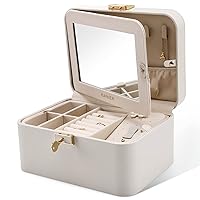 Jewelry Box, 2 Layers PU Leather Jewelry Organizer Box, Large Capacity, Double Lock and Large Mirror, Hidden Necklace Hooks, Removable Dividers, Gift Box Packaging, Grey