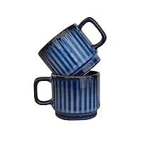 Set Of 2 Ceramic Handmade Round Blue Short Mug Tea Pottery 7 Oz