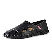 Fashion Asset Size Sandals for Men Perforated Slip-on Driving Shoes Unfeigned Leather Closed Split Toe Flat Granular Sole Anti-slip