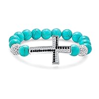 Bling Jewelry Religious Sideways Cross Black Onyx Compressed Turquoise White Pave Crystal Stretch Bracelet For Men Women Silver Plated
