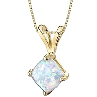 PEORA 14K Yellow Gold Created White Opal Pendant for Women, Classic Solitaire, Cushion Cut, 6mm