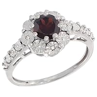 Sterling Silver Natural Garnet Ring Round 5x5, Diamond Accent, sizes 5 - 10