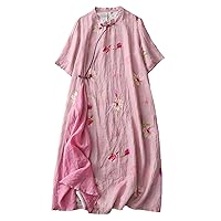 Women Chinese Wrap Style Floral Print Tunic Dress Cotton Linen Summer Short Sleeve Crewneck Elegant Swing Dresses