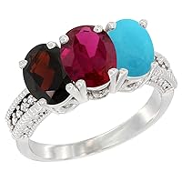 10K White Gold Natural Garnet, Enhanced Ruby & Natural Turquoise Ring 3-Stone Oval 7x5 mm Diamond Accent, Sizes 5-10