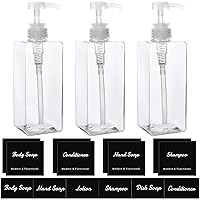 Clear Plastic Shampoo Bottles, 3-Pack 22oz/650ml Empty Pump Bottles with 26PCS Black Waterproof Labels, Shampoo and Conditioner Dispensers for Kitchen, Bathroom, Office, Travel, Restaurant