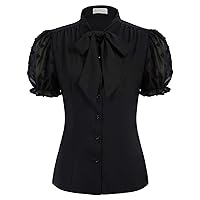 Belle Poque Summer Short Sleeve Office Button Down Blouse Vintage Business Casual Shirts Tops with Bow Tie