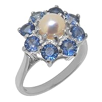 Solid 10k White Gold Cultured Pearl & Sapphire Womens Cluster Ring - Sizes 4 to 12 Available