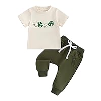 Gueuusu Toddler Baby Boy St Patricks Day Outfit Clover Letter Print Short Sleeve T-Shirt Top Casual Pants 2Pcs Summer Clothes