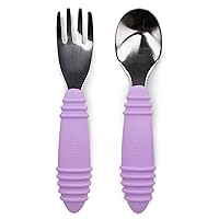 Bumkins Toddler Utensils, Kids Size Fork and Spoon Set, Silicone and Stainless-Steel Training Silverware, Angled Forks / Sporks for Self-Feeding, Children Hold Learning to Eat, 18 Months Up, Lavender