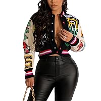 Womens Fashion Ribbed Long Sleeve Graffiti Print Button Casual Baseball Jacket Outwear