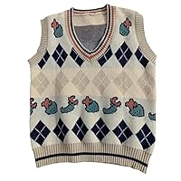 Vintage Plaid Sleeveless Print Sweaters Women Casual Jacquard Knit Vests Pullover Tops V-Neck Knitwear Waistcoats