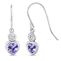 925 Sterling Silver Dangle Earrings Set with Heart Shape Blue Tanzanite and Forever Classic Moissanite from Charles & Colvard (1.20 Cttw)