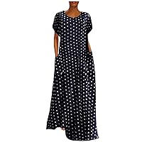 XJYIOEWT Summer Maxi Dresses for Women 2024 Plus Size, Women Print Pockets Maxi Plus Polka Holiday Sleeve Size Short Do