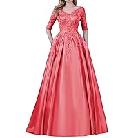 Women's V Neck Mother of The Bride Dresses Long Satin Evening Dresses with Pockets Lace Appliques Ball Gowns