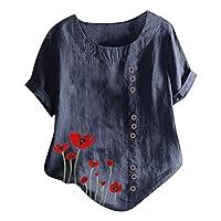 Women Tops Summer Floral Print Short Sleeve T-Shirts Linen Plus Size Button Casual Blouse Pullover Tees Shirts Tunics