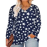 RITERA Women's Plus Size Blouses V Neck Blue Star Casual Winter Loose Fit Blouses Flowy Shirts T-Shirts Long Sleeve Top Blue White Star 3XL 22W 24W