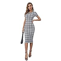 Women's 2023 Summer Dress Round Neck Short Sleeve Houndstooth Pencil Dresses