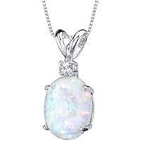 PEORA Solid 14K White Gold Created White Opal with Genuine Diamond Pendant for Women, Elegant Solitaire, Oval Shape, 10x8mm, 1 Carat total
