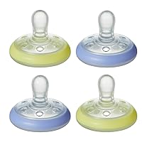 Tommee Tippee Breast-Like Night Pacifier, 6-18 Months with Breast-Like Shape and Glow in The Dark Technology, 4-Count, Blue/Yellow