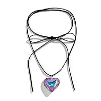 Y2K Colorful Big Heart Shape Pendant Necklace Simple Chunky Transparent Glass Puffy Love Heart Beaded Clavicle Chain Necklace Aesthetic Hip Hop Jewelry for Women Girls Teen