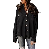 Astylish Womens Waffle Knit Shacket Jacket Casual Long Sleeve Button Down Shirts Outerwear Coat