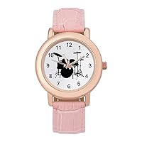 Drumms Drummer Womens Watch Round Printed Dial Pink Leather Band Fashion Wrist Watches