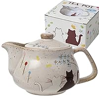 10oz Cat kyusu Kutani Yaki(ware) Japanese CeramicTeapot with Removable Infuser, Stovetop Safe Tea Kettle, Blooming and Loose Leaf Tea Maker Set (Cat, White)