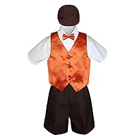 5pc Baby Toddler Boys Orange Vest Bow Tie Brown Shorts Suits Cap S-4T (2T)