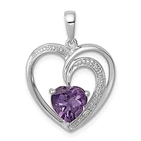 925 Sterling Silver Solid Polished Rhodium Plated Diamond and Amethyst Love Heart Pendant Necklace Jewelry for Women