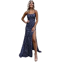 Spaghetti Straps Navy Blue Prom Dresses 2024 Sparkly Mermaid Sequin Evening Gowns for Women with Slit Size 0