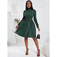 Dresses for Women - Turtleneck Flounce Sleeve Pleated Hem Belted Dress (Color : Dark Green, Size : X-Large)