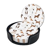 Beagle Dog Print Coaster,Round Leather Coasters with Storage Box for Wine Mugs,Cold Drinks and Cups Tabletop Protection (6 Piece)