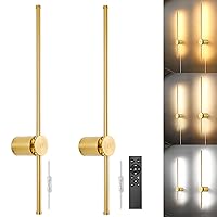 Wall Sconces Set of Two with Remote, Stepless Colors 3000K-6500K & Stepless Dimming, Hardwire or Plug-in, 180° Rotate, LED Gold Plug in Wall Sconces with Timer & Night Light, 23.6 Inches
