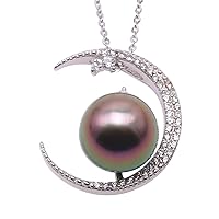 JYX Pearl Moon Pendant Necklace AAA Quality 11.5mm Round Tahitian Cultured Pearl Pendant Necklace For Women