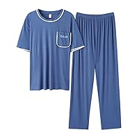 Mens' Cotton Pajamas Sets Short Sleeves with Long Pants Sleepwear Set Summer Thin Casual Loungewear Mens Sets