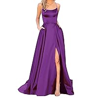 Women's Satin Prom Dresses Spaghetti Straps Backless Long Dress with High Slit Mermaid Formal Party Gown with Pocket