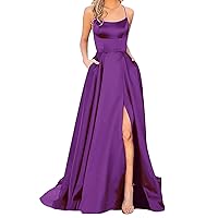 Women Prom Dress Spaghetti Straps Satin Dress Backless Long Dress Elegant Formal Mermaid High Slit Dress with Pocket