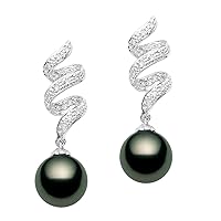 14k White Gold AAAA Quality Black Tahitian Cultured Pearl Diamond Dangle Earrings for Women - PremiumPearl