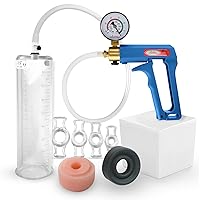 LeLuv Penis Pump Maxi Blue Handle Installed Gauge - Bundle with Clear Hose, Donut, Vacuum Seal and 4 Sizes of Rings - 9 inch x 2.50 inch Cylinder