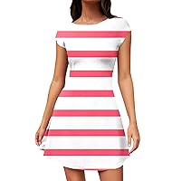 Women's Summer Casual Dress Cap Sleeve Curved Hem Round Neck Mini Dress Striped/Floral Print Party T Shirt Dress