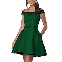 Women's Off Shoulder Beaded Satin Homecoming Dresses Short Cocktail Dresses with Pockets