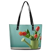 Womens Handbag Tulip Flowers Leather Tote Bag Top Handle Satchel Bags For Lady
