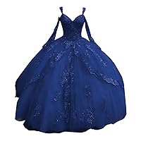 Mollybridal Princess Ball Gown Quinceanera Dresses Mexican Cold Shoulder Long Sleeves Lace Sequins Beaded Plus Size Under 200 150 Navy Blue 18
