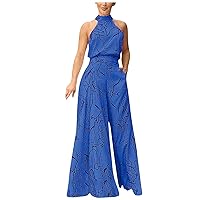 Women's Summer Rompers 2023 Drawstring Sleeveless Hanging Neck Trousers Printed Jumpsuit Vacation Clothing