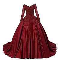 Women's Ball Gowns Satin Prom Dresses Lace Applique Long Sleeves Quinceanera Dress