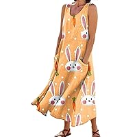 Women's Easter Dresses for Girls Summer Casual Fashion Printed Sleeveless Round Neck Pocket Dress, S-3XL