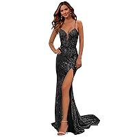 Navy Blue Mermaid Prom Dresses Long for Women Spaghetti Straps V-Neck Sequin Ball Gowns with Slit Size 2