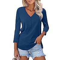 Womens Spring Fashion 2024 3/4 Length Sleeve Tops Dressy Casual Button Down V Neck Work Blouses Trendy Cute Elbow Length Flowy Tee Shirts Loose Fit Tunics Tops to Wear with Leggings(H Blue,XX-Large)