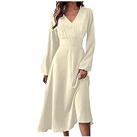 Women's Spring and Summer Dresse Long Sleeve Stylish Casual Solid Color V-Neck A Line Slim Dress 2024, S-XL
